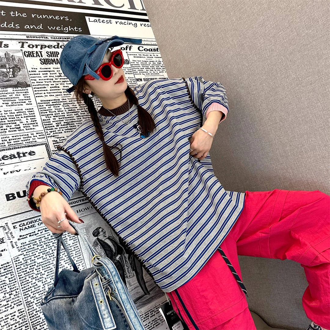 潮牌原创设计九分袖韩版撞色休闲上衣宽松大码百搭条纹长袖T恤女