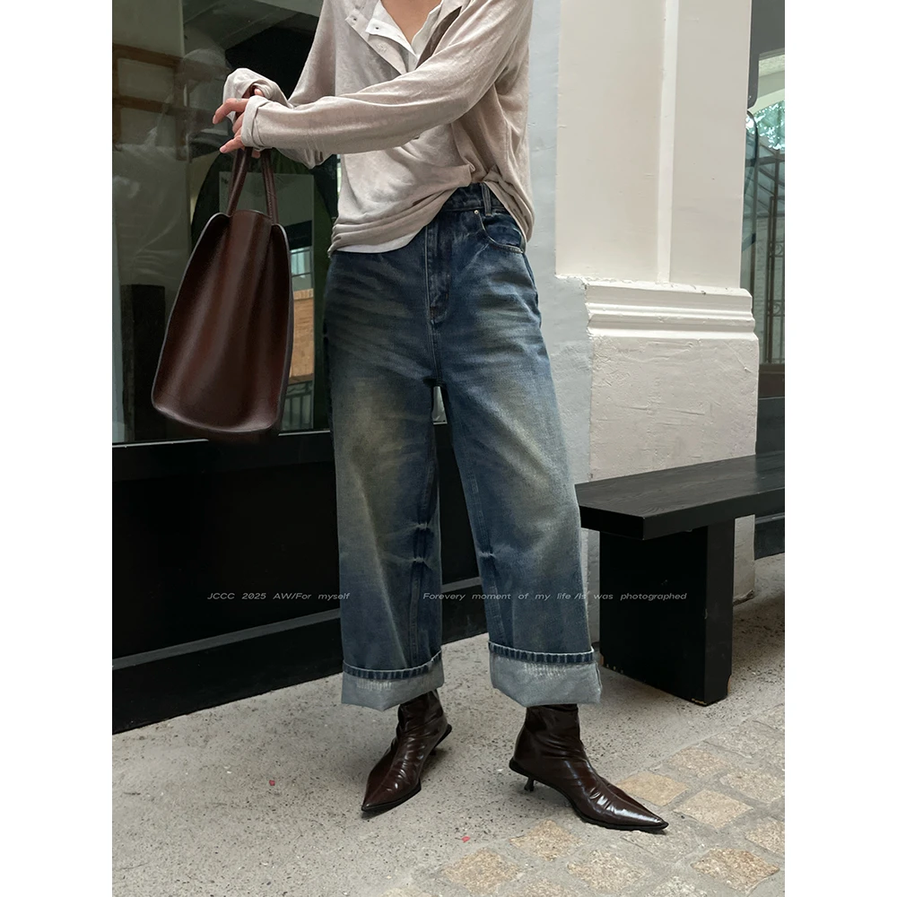 JCCC影子【虚无蓝】蓝色做旧磨白工艺直筒九分牛仔裤JE5BNK12