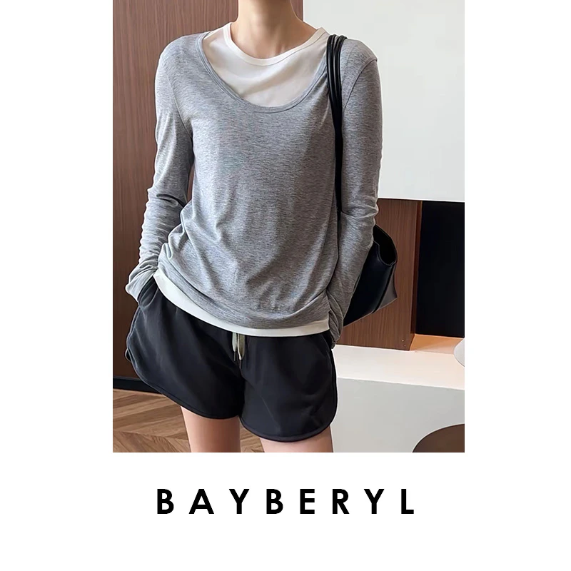 BAYBERYL老贝真两件T*拼色圆领休闲舒适弹百搭春T恤NT5C1726-4/2