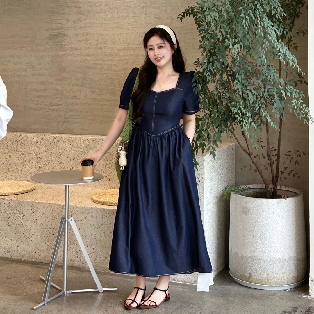 晶咕~月靑叠雾~法式方领收腰褶皱明线连衣裙温柔设计感拼接长款