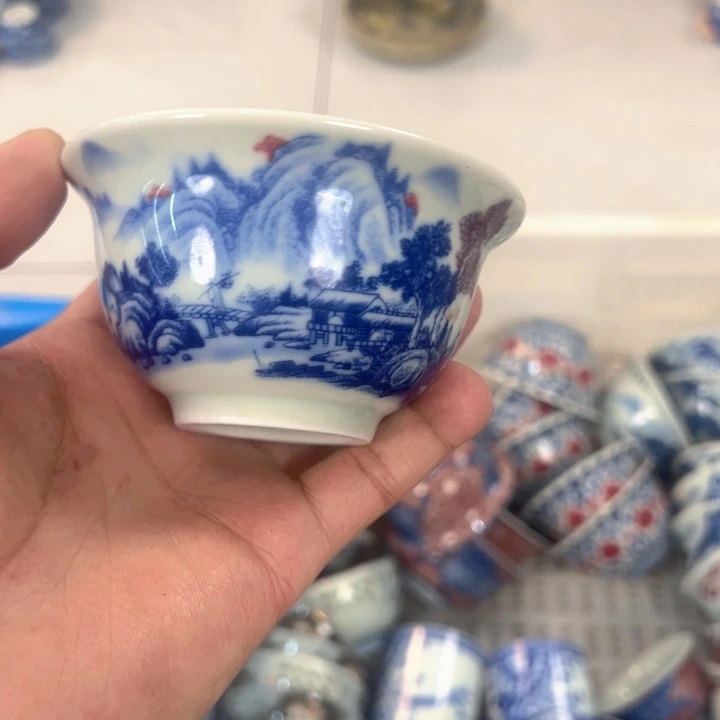 瓷片白青花富春山居图压手杯主人杯全品