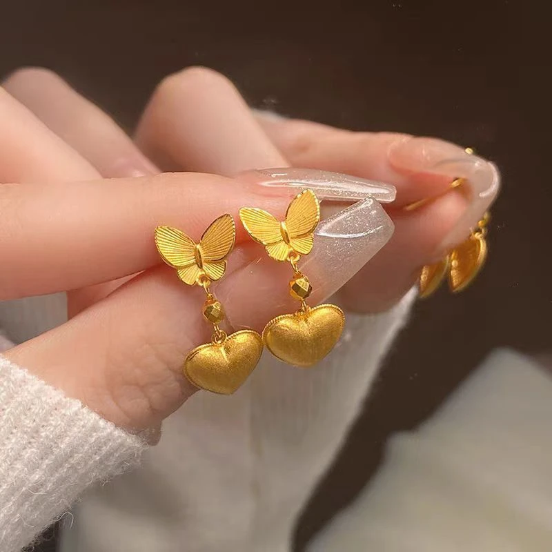 铜合金耳饰 铜合金耳钉蝴蝶拉丝复古爱心耳钉高级感小众设计耳坠