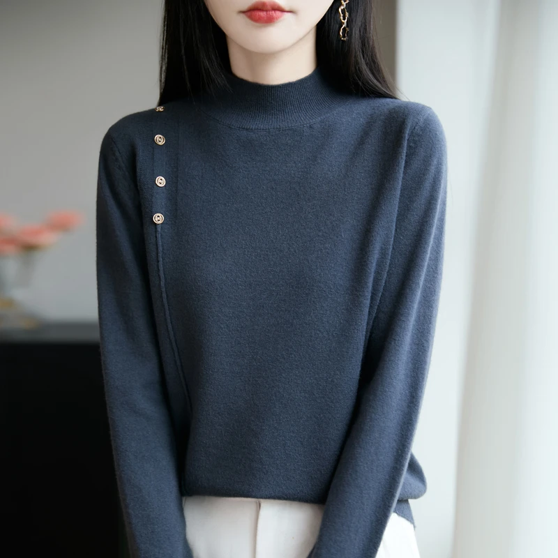 秋季新款设计感纽扣半高领针织衫女内搭毛衣洋气上衣