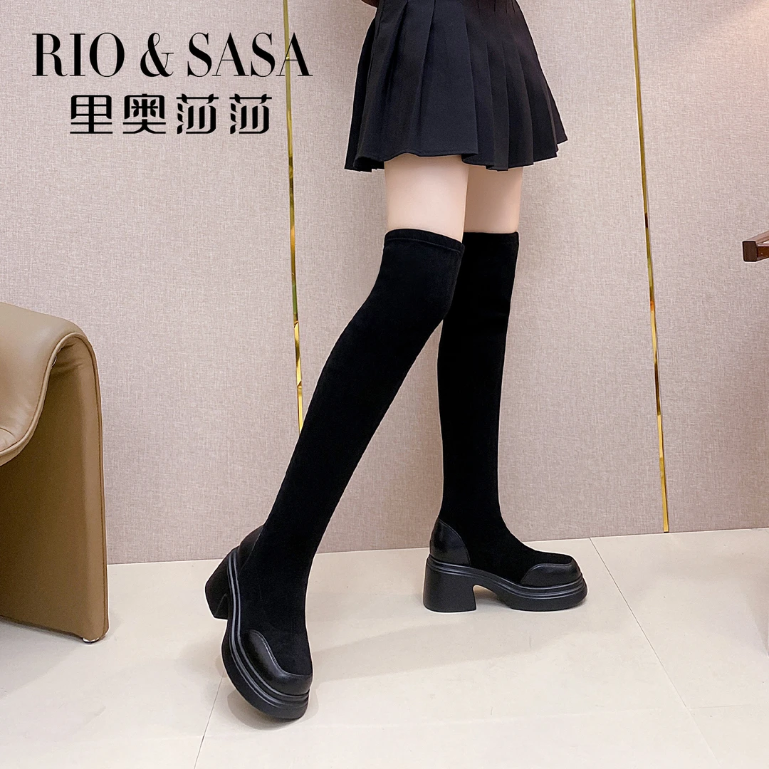 里奥莎莎弹力靴秋冬款方头黑色显瘦时尚厚底高跟弹力瘦瘦靴22T049