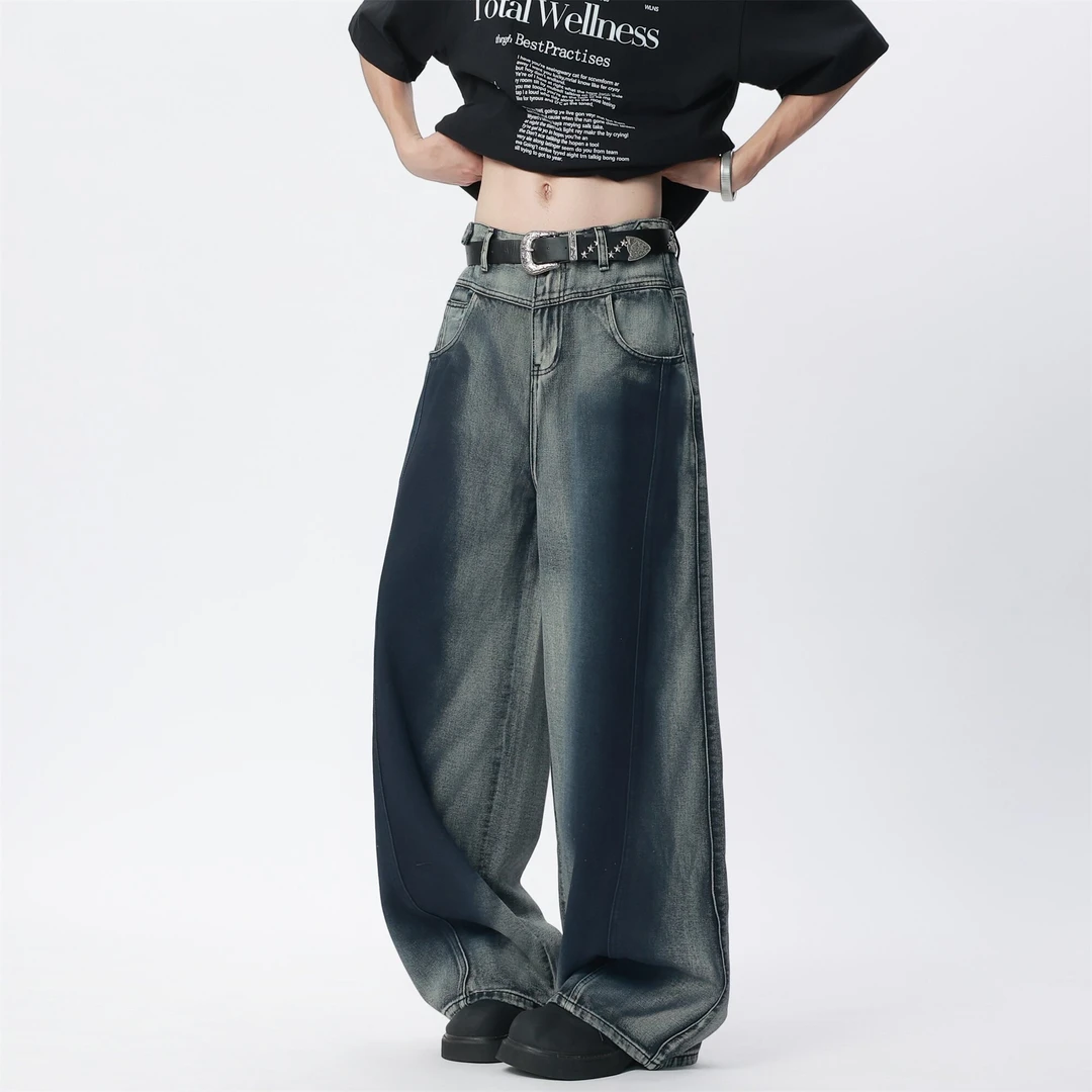 FANGWANG水洗渐变弯刀牛仔裤男美式潮牌垂感高街复古宽松长裤