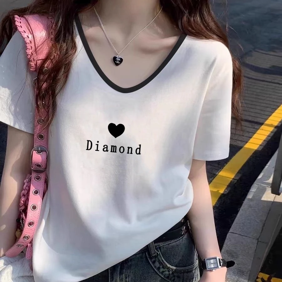 夏季新款设计感短袖T恤女百搭显瘦U领打底衫时尚潮流字母t恤正品