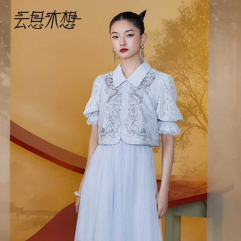 Ysimo-X云思木想2024夏季新款绣花蕾丝拼接网纱优雅连衣裙11529