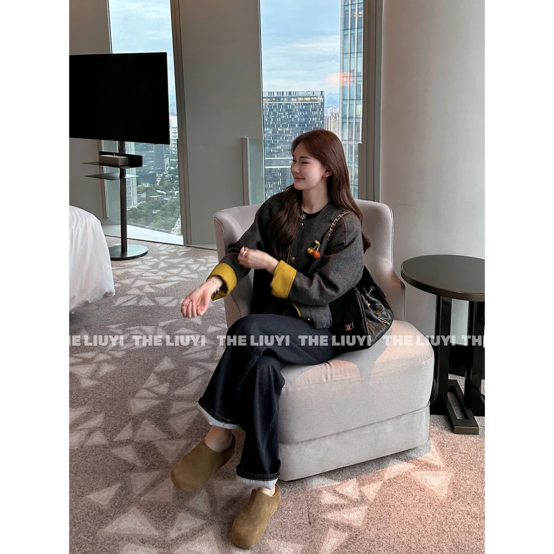 【LIUYI】南瓜棉服~秋冬毛呢撞色袖圆领外套59265
