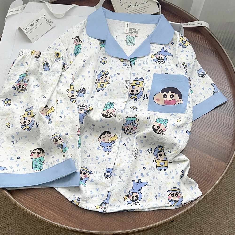 云朵棉短袖短裤日系蜡笔小新睡衣女套装夏季ins风学生卡通家居服