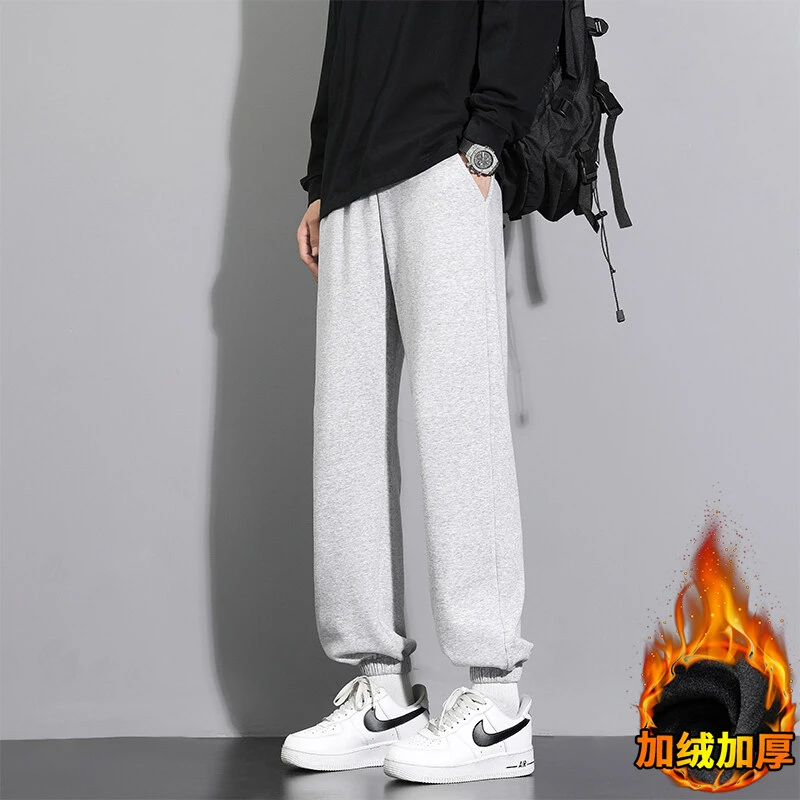 秋冬加绒松紧卫裤男士潮牌宽松束脚运动裤舒适休闲运动长裤子