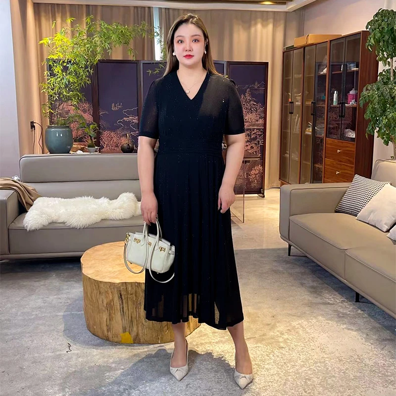 【星空V领连衣裙】录途大码女装2024新款220斤胖mm显瘦遮肉连衣裙