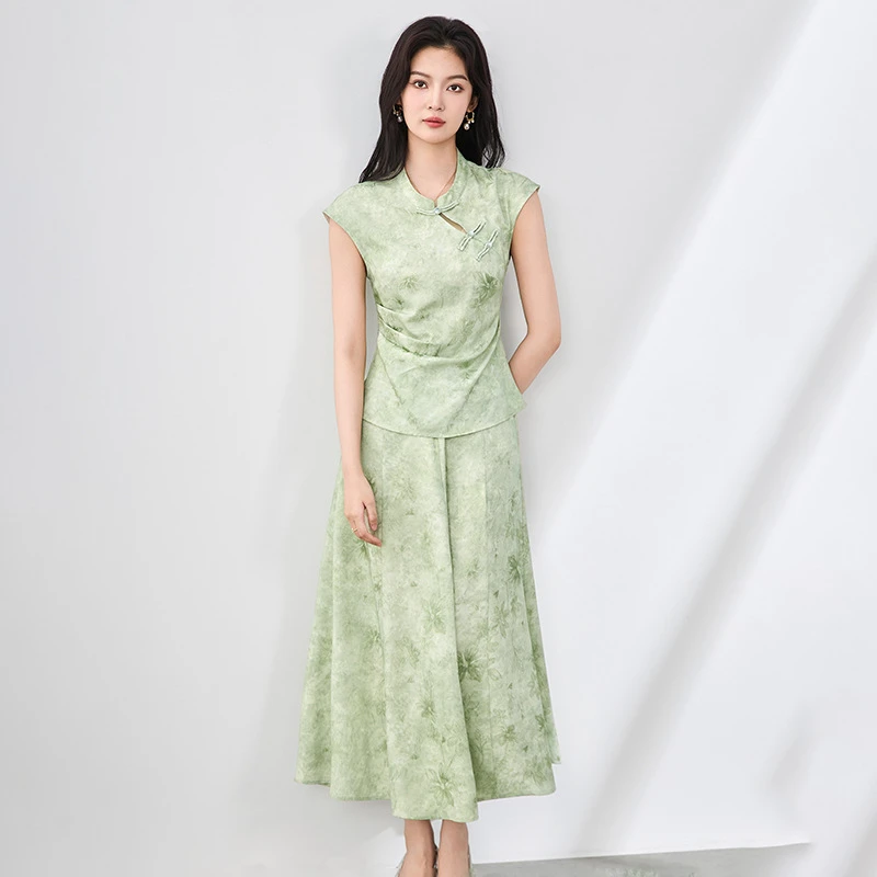 青霭入釉新中式国风盘扣立领无袖收腰上衣+半裙两件套装夏季气质