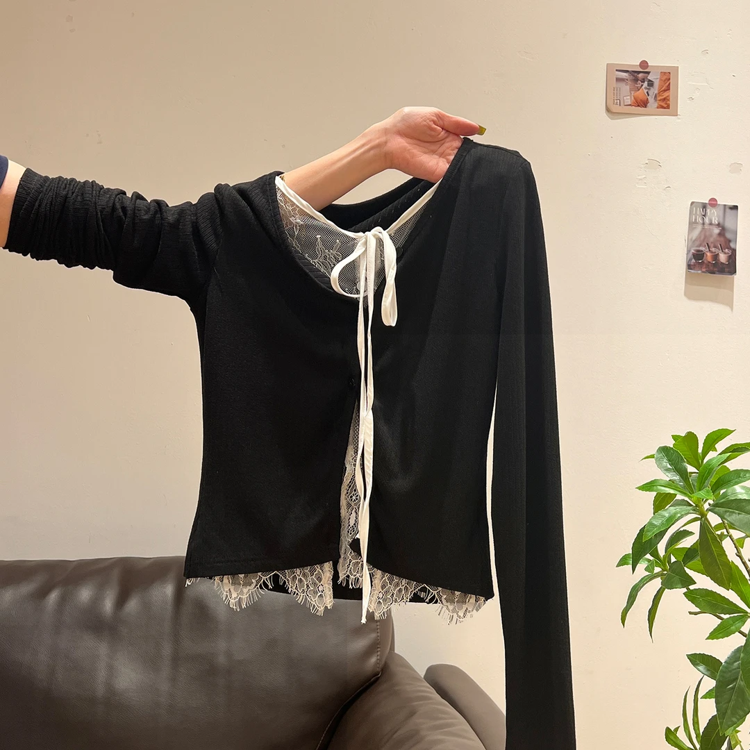 黑色蕾丝假两件长袖女蝴蝶结设计2025夏季新款甜酷风百搭显瘦上衣