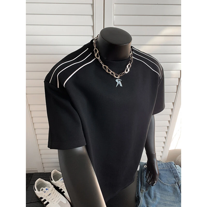 黑色三条杠纯棉短袖T恤男夏季高级感重磅cleanfit小众设计感上衣