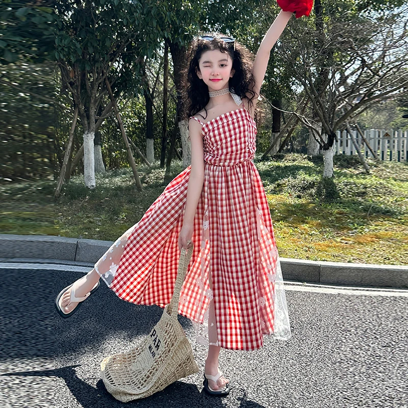 法式度假风格子拼接蕾丝收腰抹胸连衣裙吊带女童夏季复古显瘦长裙
