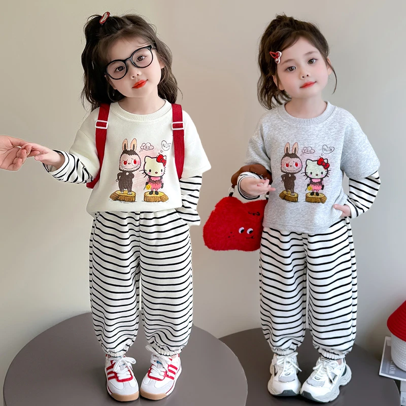 儿童卡通假两件卫衣套装女童秋装洋气休闲女宝宝春秋款条纹两件套