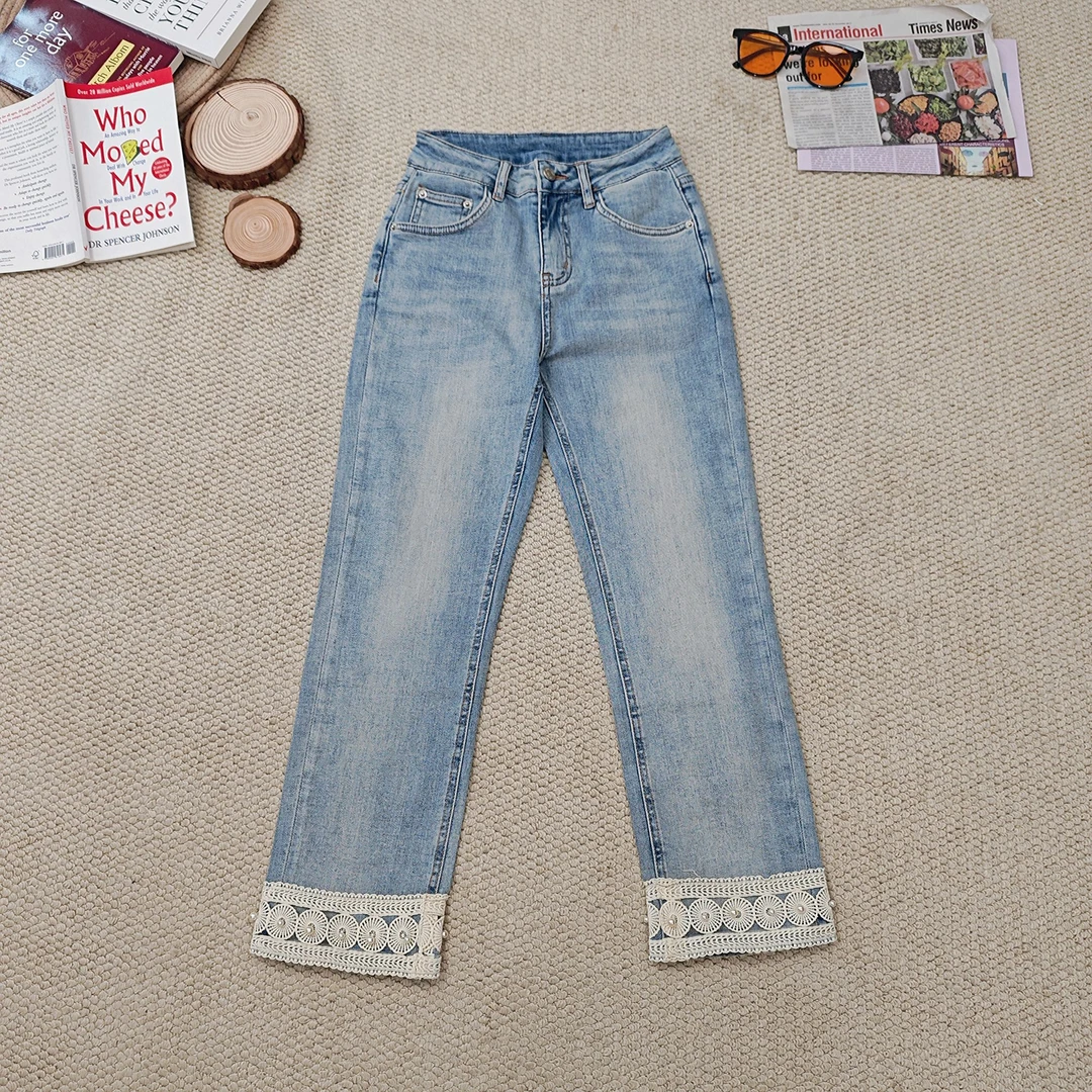 2025夏季新款休闲水洗做旧蕾丝珍珠花边牛仔裤直筒裤2998