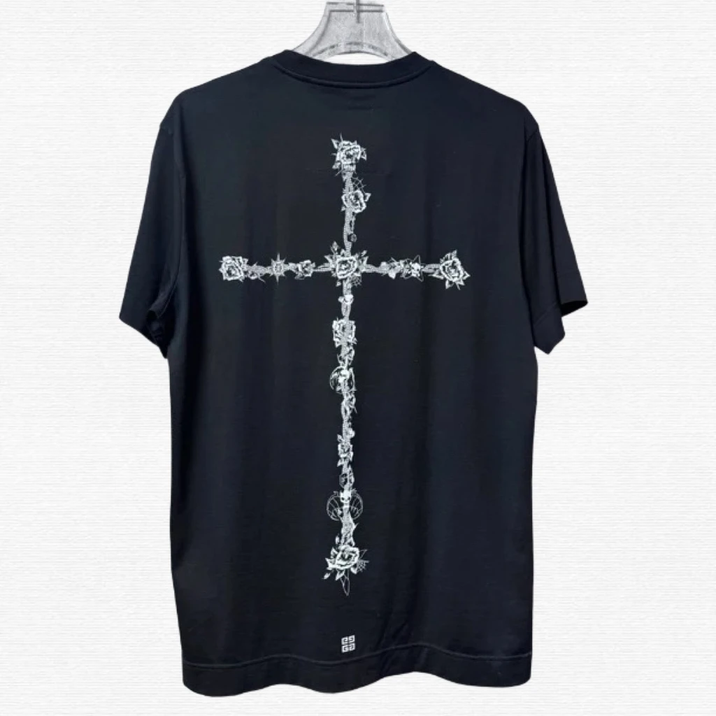 99新 Givenchy/纪梵希 背后玫瑰骷髅链条十字架短袖T恤/L码/70912