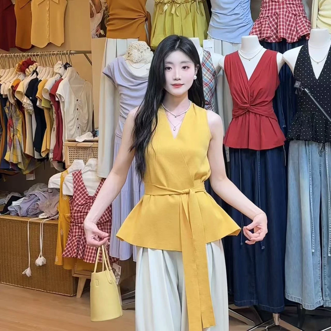 法式v领无袖衬衫背心女夏季外穿收腰设计感小众绑带洋气小衫上衣
