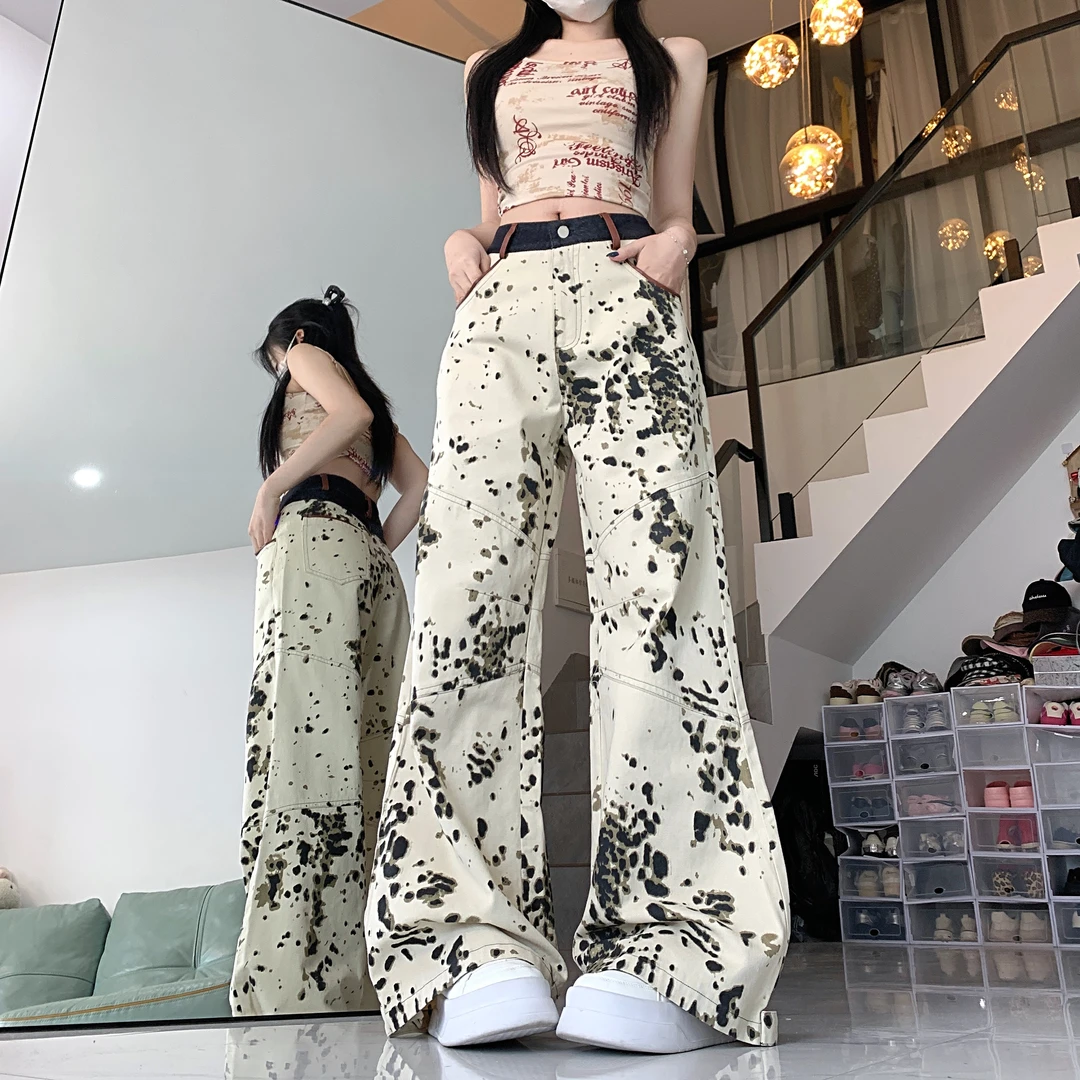 实拍美式豹纹印花牛仔裤春夏设计感拼接撞色直筒阔腿拖地休闲长裤