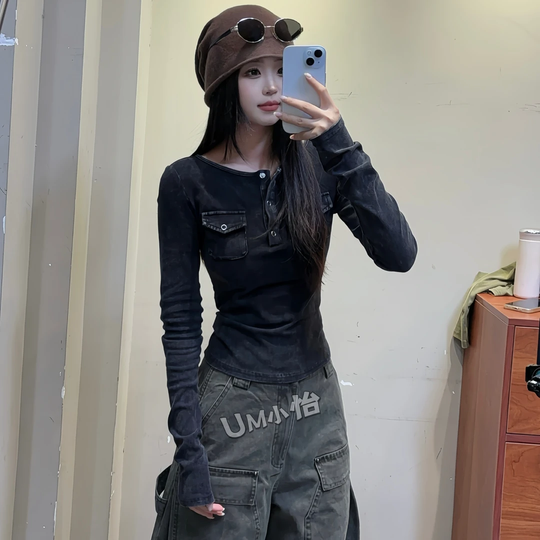 鑫怡定制 【墨装口袋】松弛百搭长袖双口袋设计正肩秋季上衣女