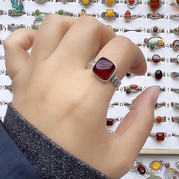 血珀戒指银S925镶嵌天然