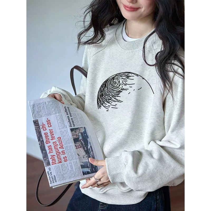 白灰色圆领套头牛角袖插肩袖宽松加绒加厚卫衣女新款爆款长袖上衣