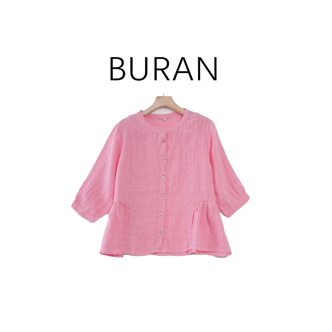 BRCP/布然初品亚麻上衣14支褶皱下摆衬衣文艺五分袖纯色7013--1