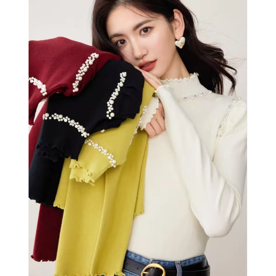 冬季半高领木耳边长袖针织衫女2025年新款秋冬装内搭加厚打底潮