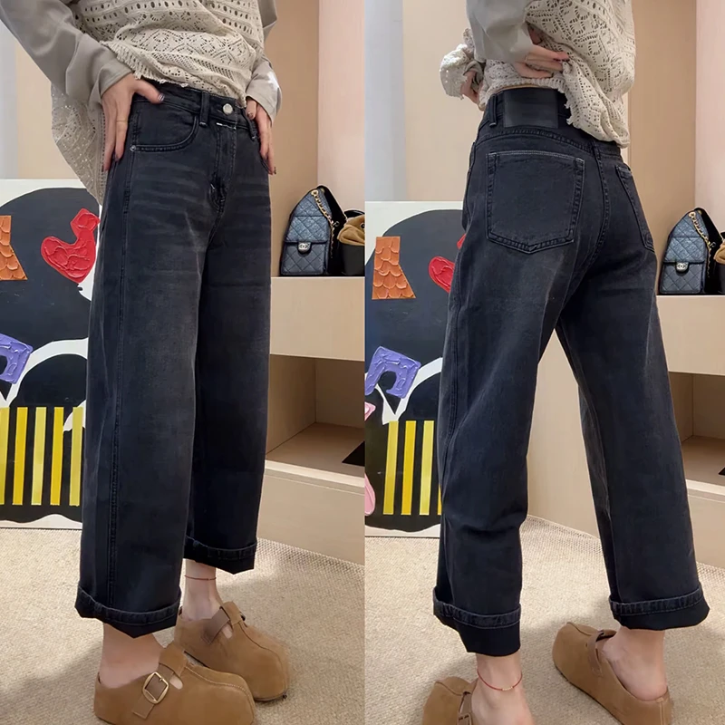 2025秋季爆款高腰显瘦卷边直筒阔腿裤大码百搭复古九分牛仔法棍裤