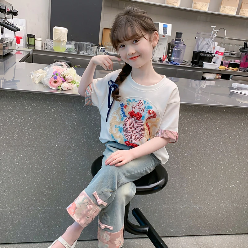 女童夏季套装2025新款洋气大童女孩新中式国风短袖夏装儿童两件套