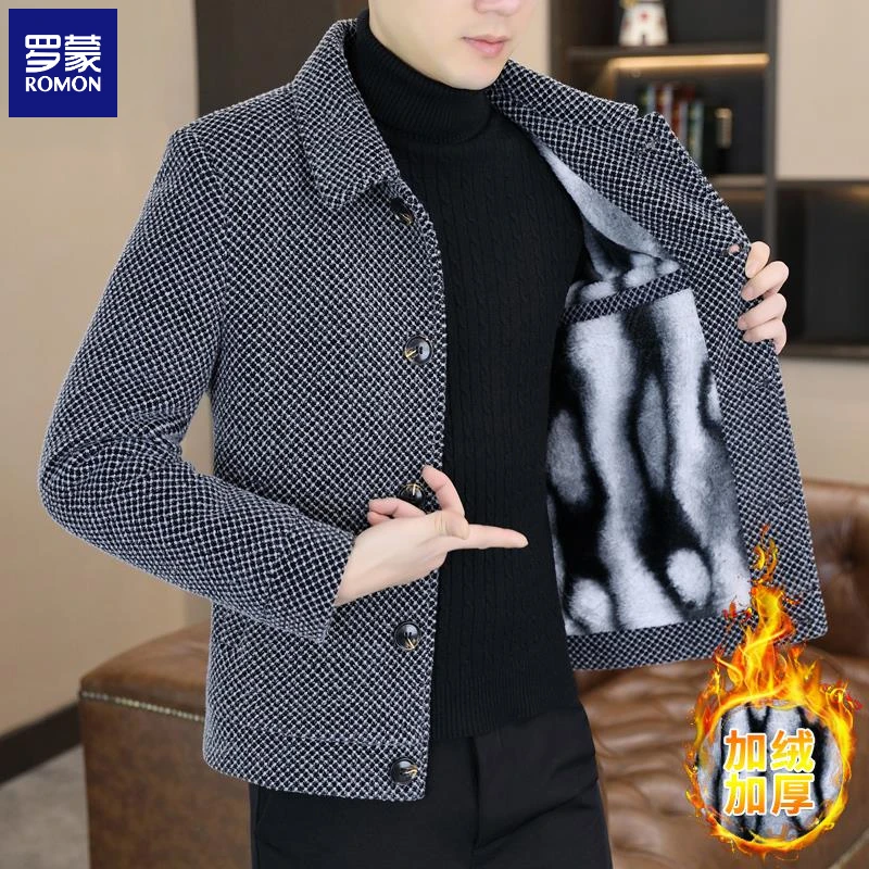 罗蒙新款冬季毛呢夹克男韩版修身高级感加绒加厚格子短款风衣外套