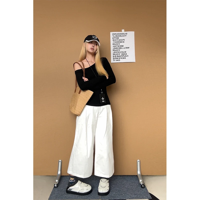 轻熟风简约高级感修身斜肩长袖上衣高腰显瘦宽松直筒休闲阔腿裤女