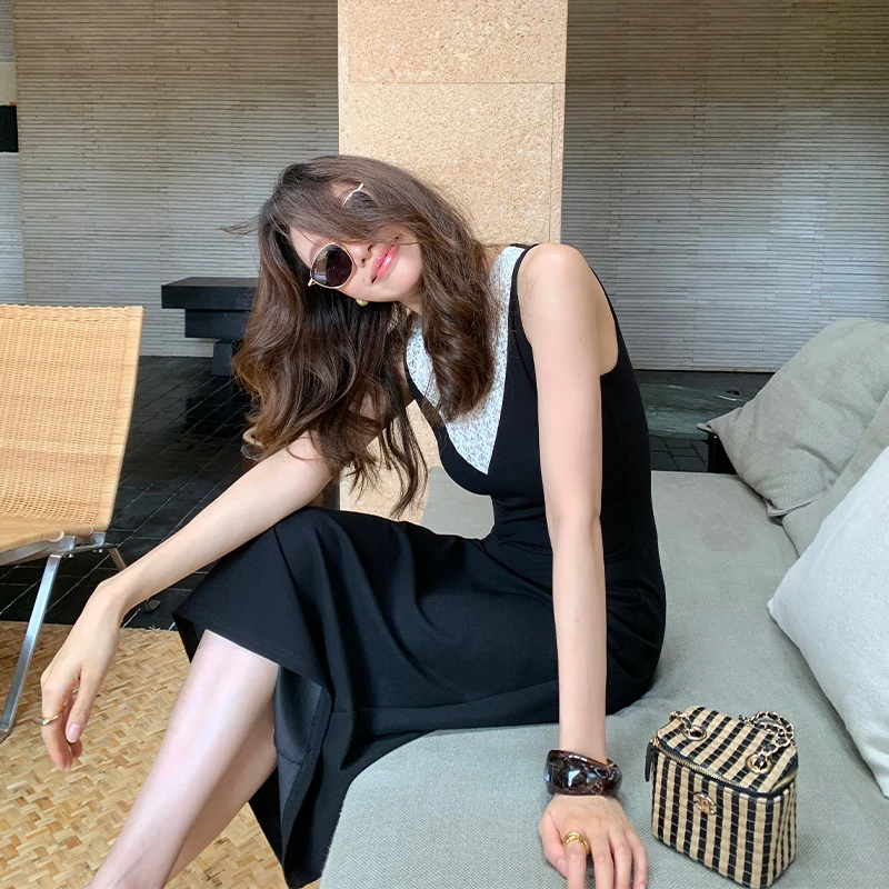 【ALONE SAVOR】龍喜儿 晚宴 轻熟风黑色蕾丝拼接透气连衣裙J225