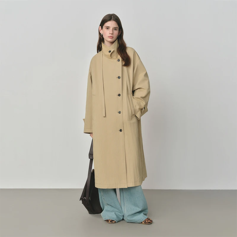 韩系立领宽松休闲风衣2025秋季新款飘带单排扣25FS13147