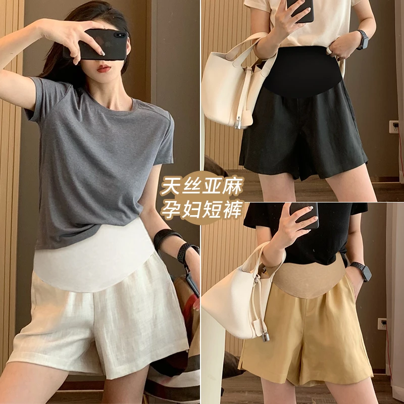 孕妇天丝亚麻阔腿短裤夏季薄款外穿2025新款休闲慵懒五分直筒裤子