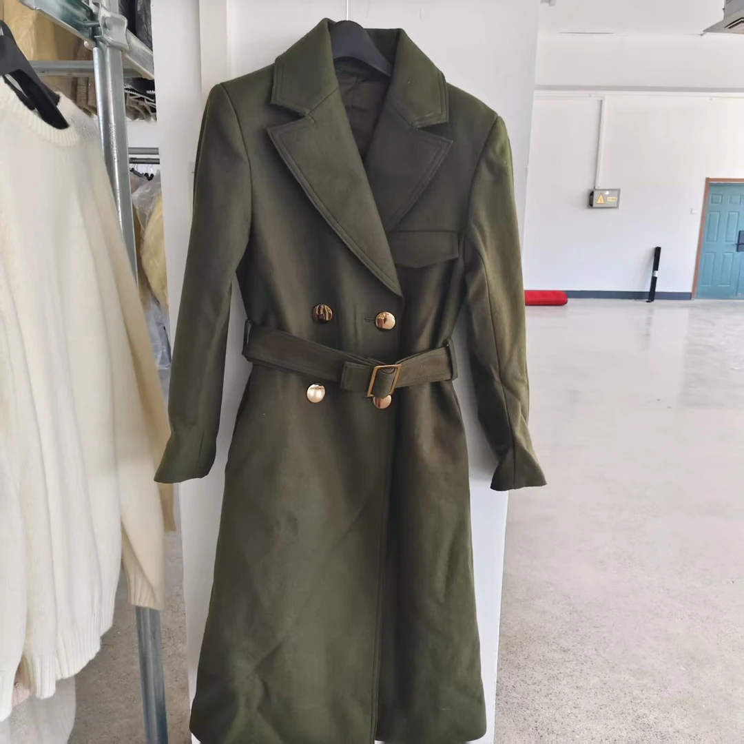反季 军绿色长款腰带毛呢大衣