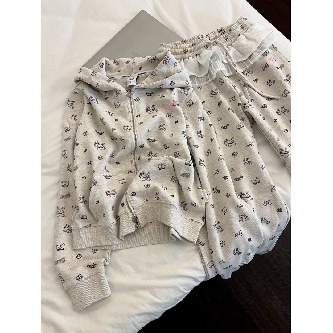 可爱动物兔耳朵连帽印花睡衣女春秋款卫衣蕾丝边长裤居家套装外穿