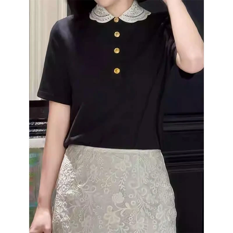 欧货今年夏季新款针织衫女设计感翻领polo钉珠领口短袖显瘦上衣潮