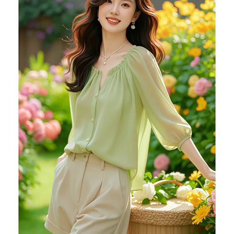 2025新款百搭时尚衬衣七分袖雪纺衬衫女夏季洋气减龄休闲上衣薄款