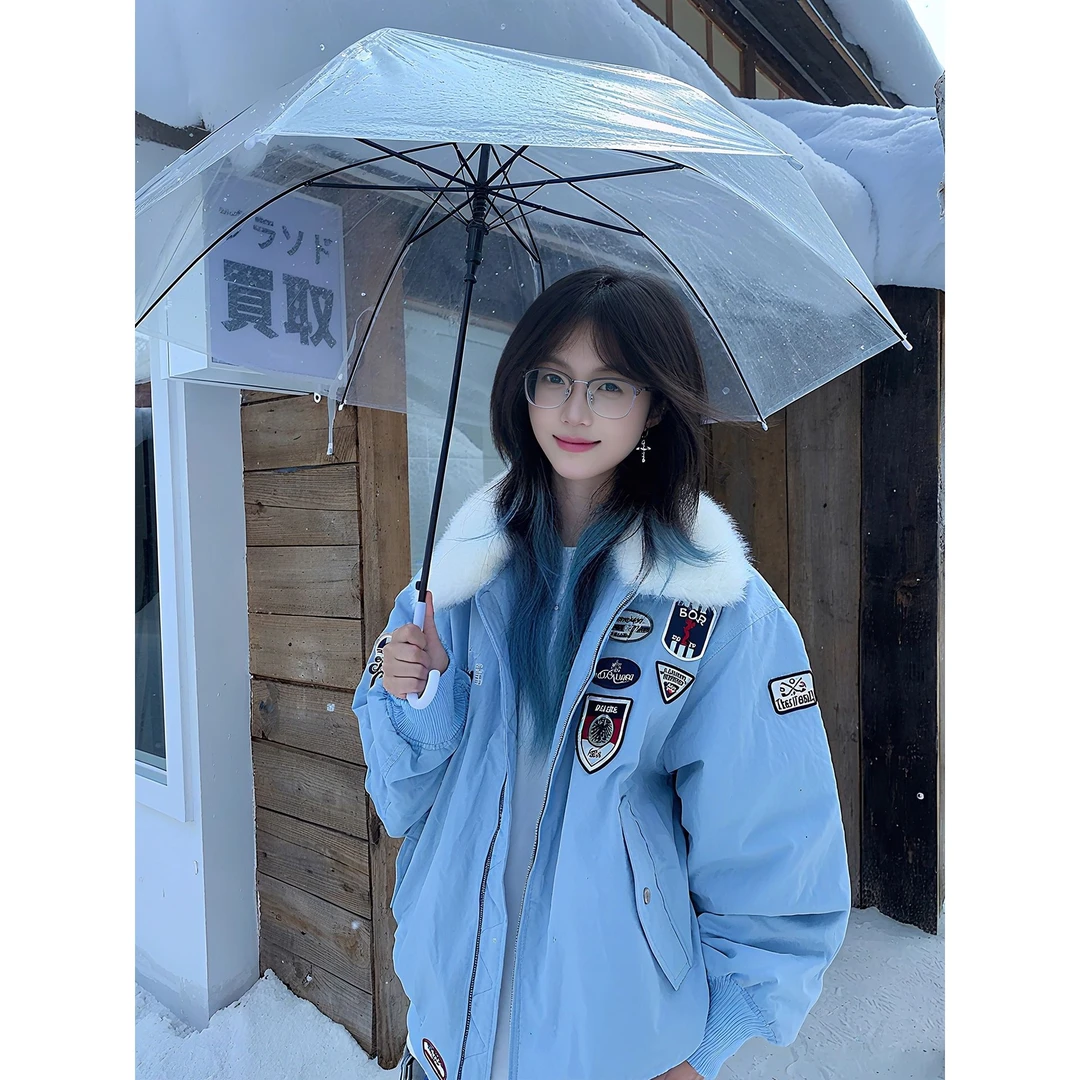 羊羔毛拼接翻领pu皮短款棉服男秋冬款美式棒球服夹棉加厚棉衣外套