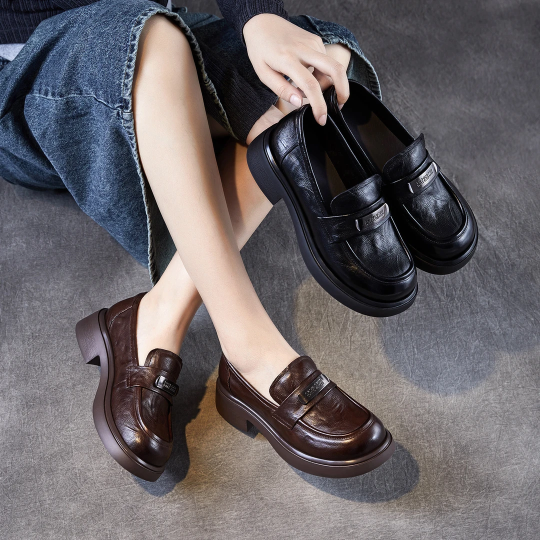 头层牛皮真皮轻奢女鞋2025秋新款软底乐福鞋英伦风一脚蹬厚底单鞋