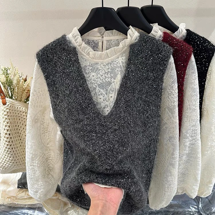新年红亮闪闪V领马甲背心蕾丝衬衣2025春新款毛衣休闲百搭两件套