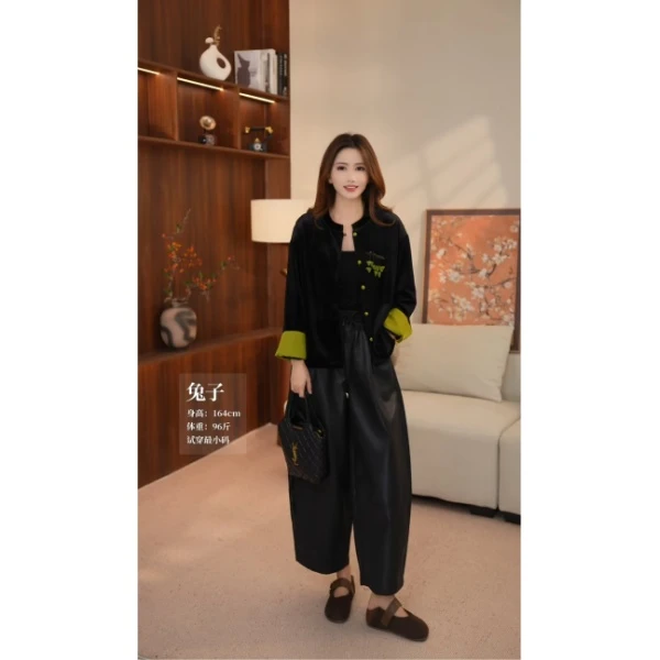 2025早秋立体剪裁【压线抽绳皮裤】宽松显瘦时尚百搭阔腿裤