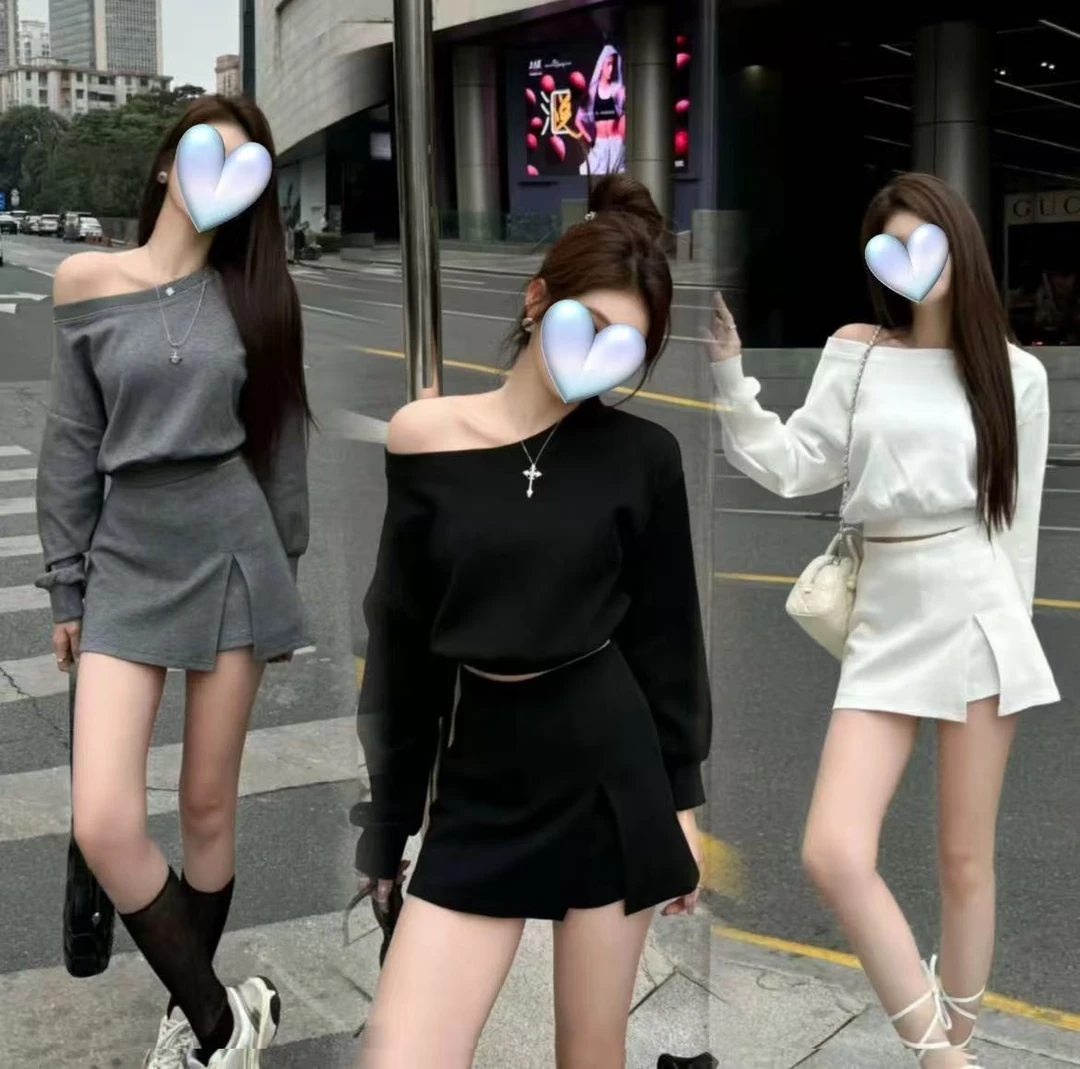 2025秋季新款韩系辣妹时尚套装女一字肩长袖卫衣百搭短裙两件套裤