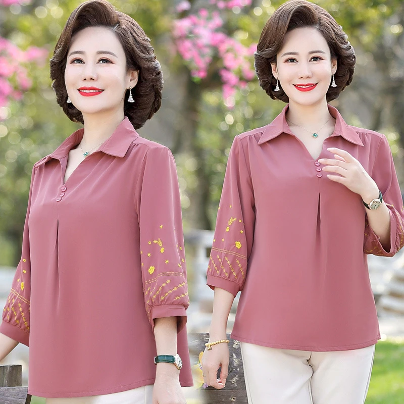 妈妈夏装套装夏季新款中老年人短袖气质雪纺衫50岁母亲节洋气衣服