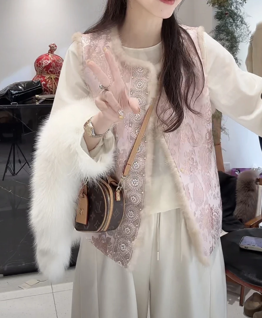 【加绒加厚】粉色千金国风重工刺绣马甲2025新中式盘扣夹棉马夹