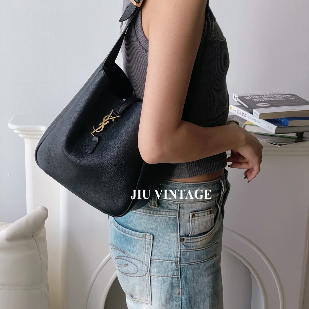 99新 YSL/圣罗兰 黑金hobo水桶小号票据JM3A-0484