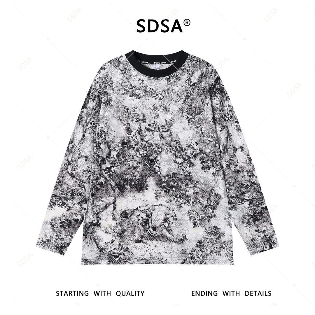 SDSA秋季新款男士痞帅简约小格子撞色圆领长袖T恤宽松百搭休闲