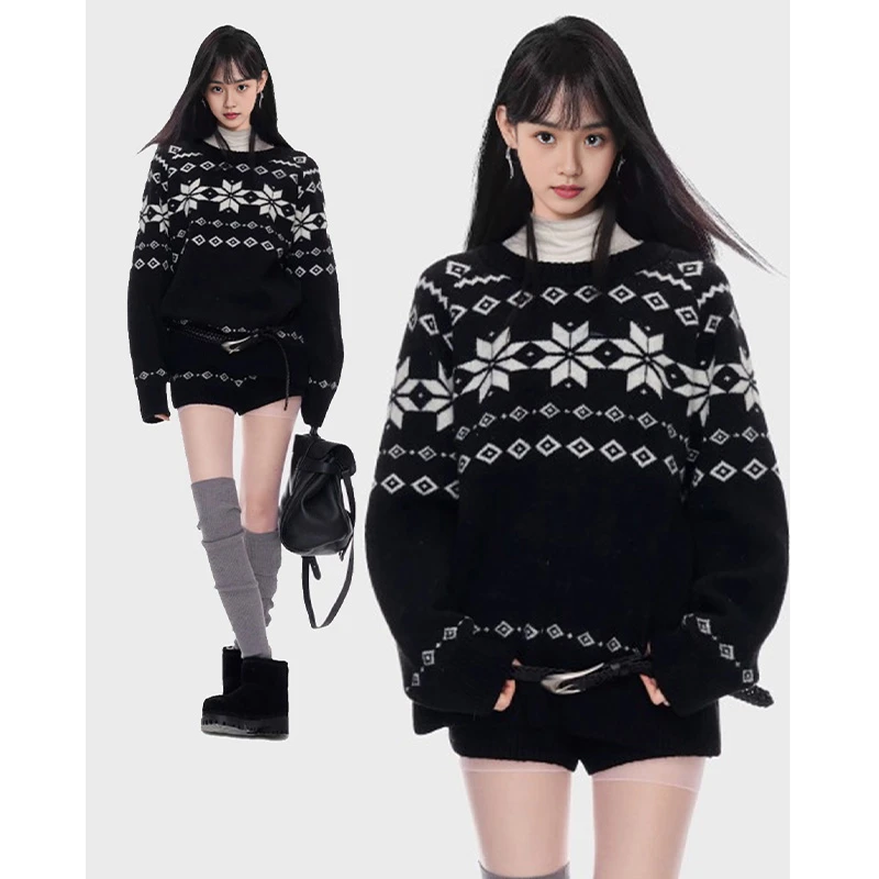 ACUN品牌 冬季新款复古修身显瘦保暖黑色提花费尔岛针织毛衣套装